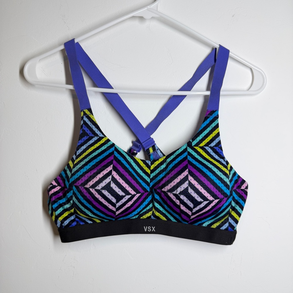 VSX Victoria's Secret High Impact Bra Blue Purple Yellow Diamond Pattern 34B